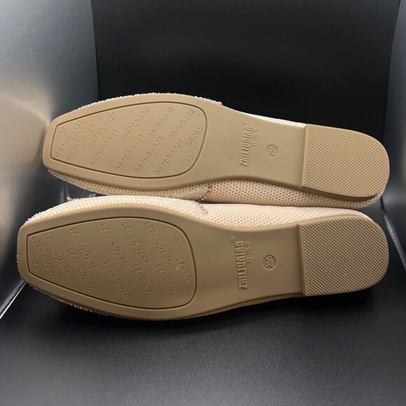 Zhiliunian Women Beaded Flats Square Toe Rhinestone Beige Shoes Size 8.5 - Picture 5 of 8